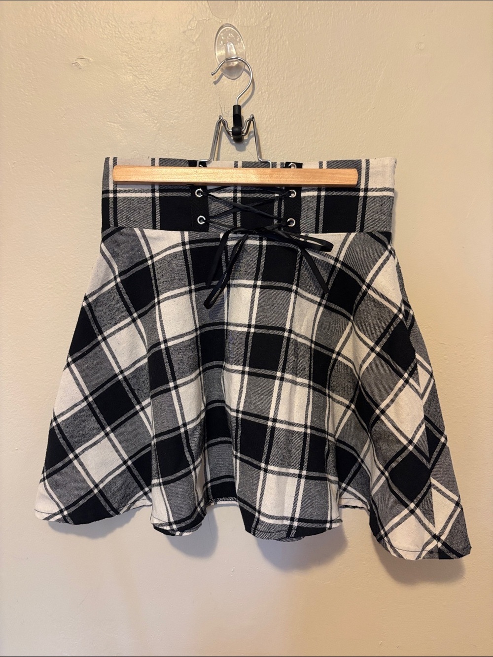 Plaid Lace-Up Waist A-Line Skirt - Black & White